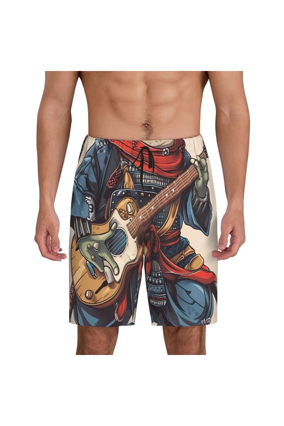 Samurai Frog Guitar Print Men's Short Pajama Pants, Elastic Pocket Summer Pajama Pants Sleepwear, Lounge Pants-Medium