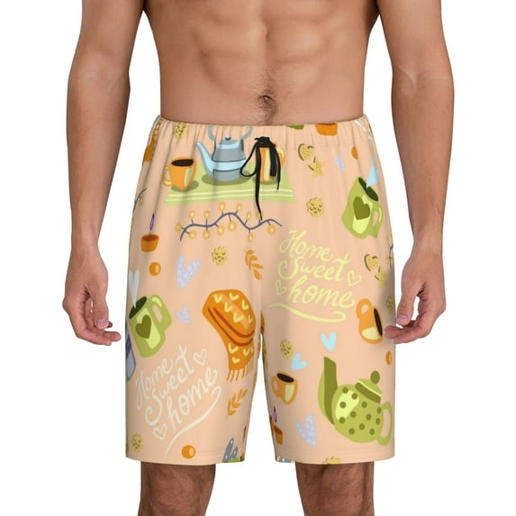 Tideii Scandinavian Style Hygge Print Men's Short Pajama Pants, Elastic Pocket Summer Pajama Pants Sleepwear, Lounge Pants-Large