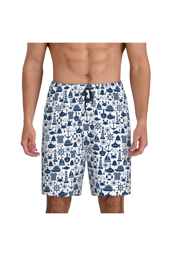 Seaside Primary Color Print Men's Short Pajama Pants, Elastic Pocket Summer Pajama Pants Sleepwear, Lounge Pants-Large