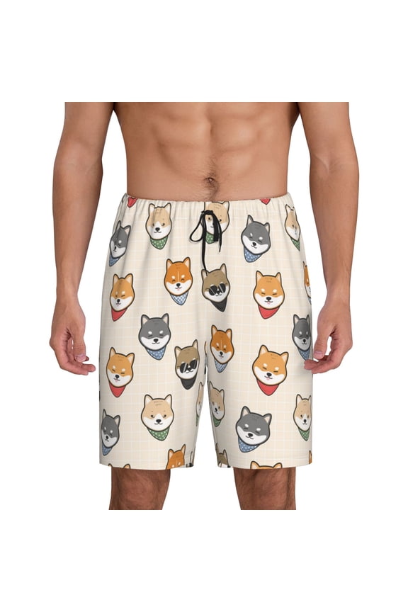 Shiba Head Face Print Men's Short Pajama Pants, Elastic Pocket Summer Pajama Pants Sleepwear, Lounge Pants-4X-Large