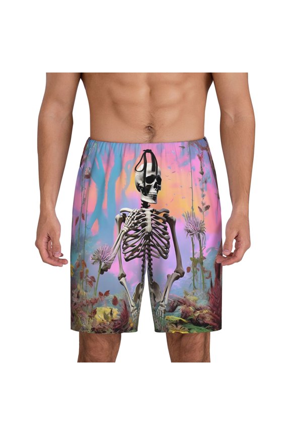 Sky Sunflower Skull Print Men's Short Pajama Pants, Elastic Pocket Summer Pajama Pants Sleepwear, Lounge Pants-3X-Large