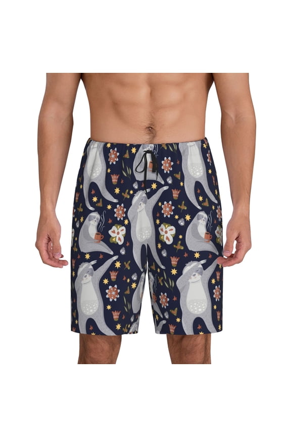 Sloths Dancing Print Men's Short Pajama Pants, Elastic Pocket Summer Pajama Pants Sleepwear, Lounge Pants-Small