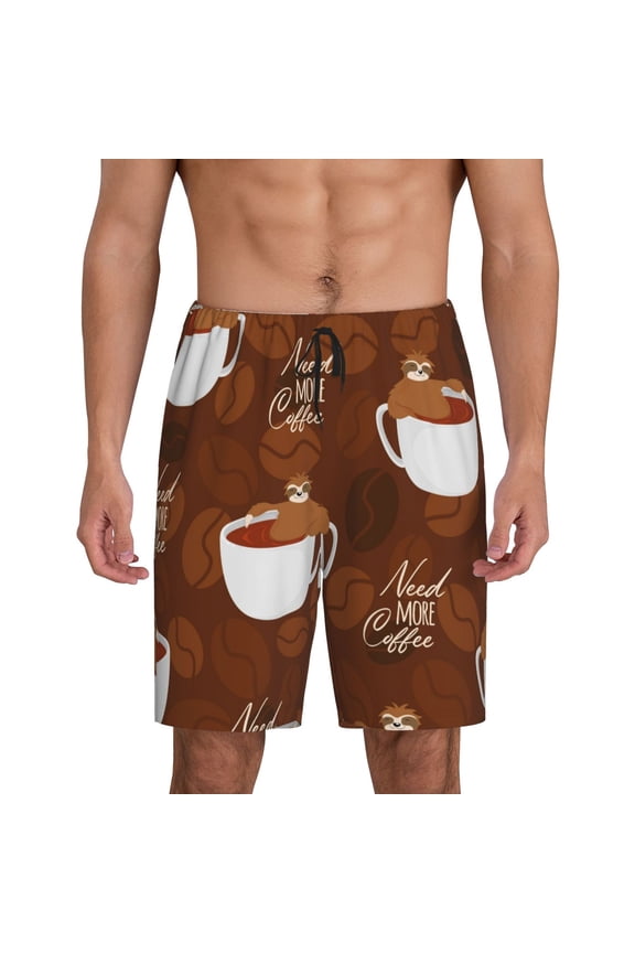 Sloths Need More Coffee Print Men's Short Pajama Pants, Elastic Pocket Summer Pajama Pants Sleepwear, Lounge Pants-Medium