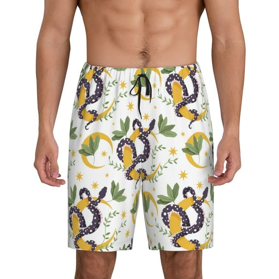Tideii Snake And Moon Print Men's Short Pajama Pants, Elastic Pocket Summer Pajama Pants Sleepwear, Lounge Pants-3X-Large