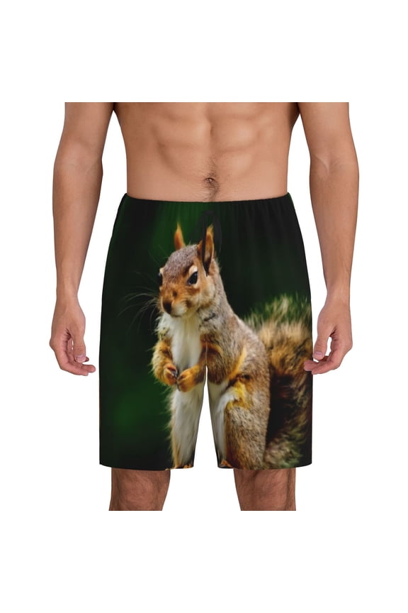 Squirrels Eating Peanuts On The Tree Print Men's Short Pajama Pants, Elastic Pocket Summer Pajama Pants Sleepwear, Lounge Pants-Medium