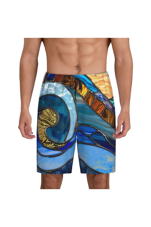 Stained Glass Ocean Wave Print Men's Short Pajama Pants, Elastic Pocket Summer Pajama Pants Sleepwear, Lounge Pants-Large