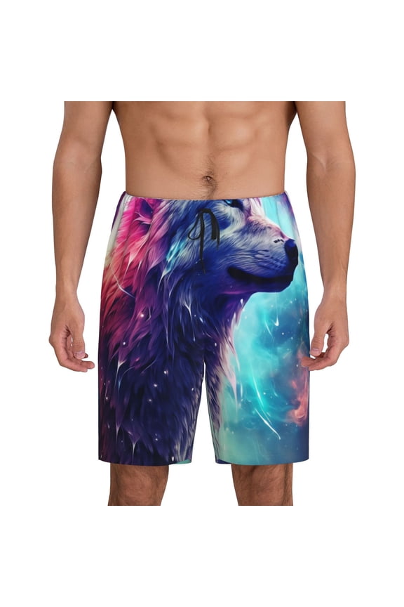 Starry Multicolored Wolf Print Men's Short Pajama Pants, Elastic Pocket Summer Pajama Pants Sleepwear, Lounge Pants-Large