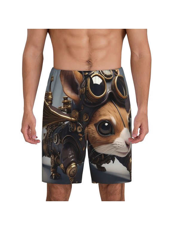 Steampunk Squirrel Pilot Print Men's Short Pajama Pants, Elastic Pocket Summer Pajama Pants Sleepwear, Lounge Pants-Large