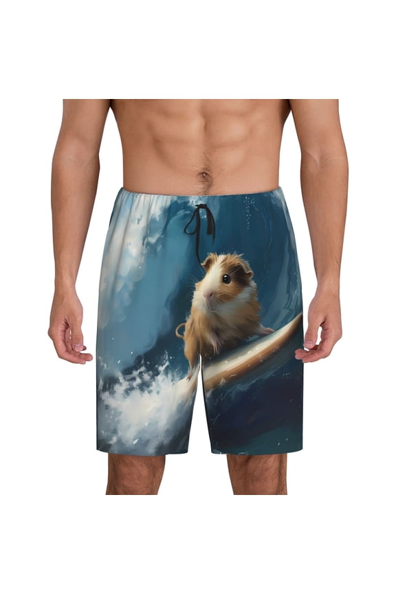 Surfing Guinea Pig Print Men's Short Pajama Pants, Elastic Pocket Summer Pajama Pants Sleepwear, Lounge Pants-Large
