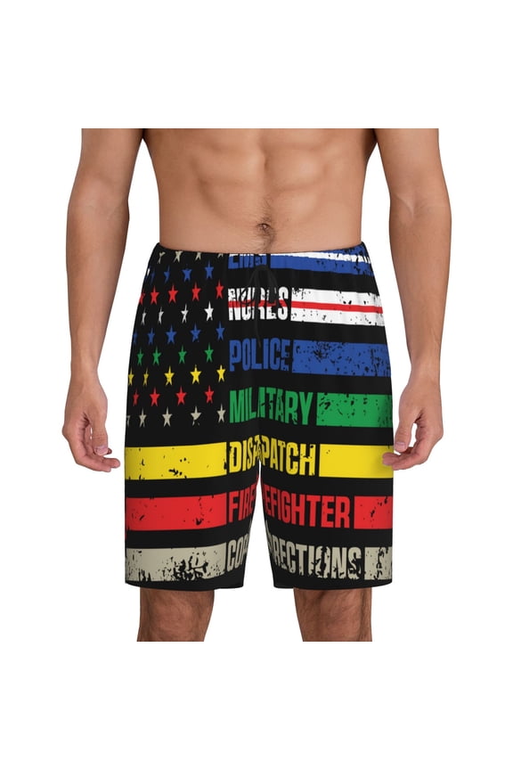 Thin Green Line With USA Flag Print Men's Short Pajama Pants, Elastic Pocket Summer Pajama Pants Sleepwear, Lounge Pants-Medium