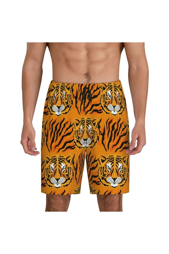 Tiger Print Men's Short Pajama Pants, Elastic Pocket Summer Pajama Pants Sleepwear, Lounge Pants-Large