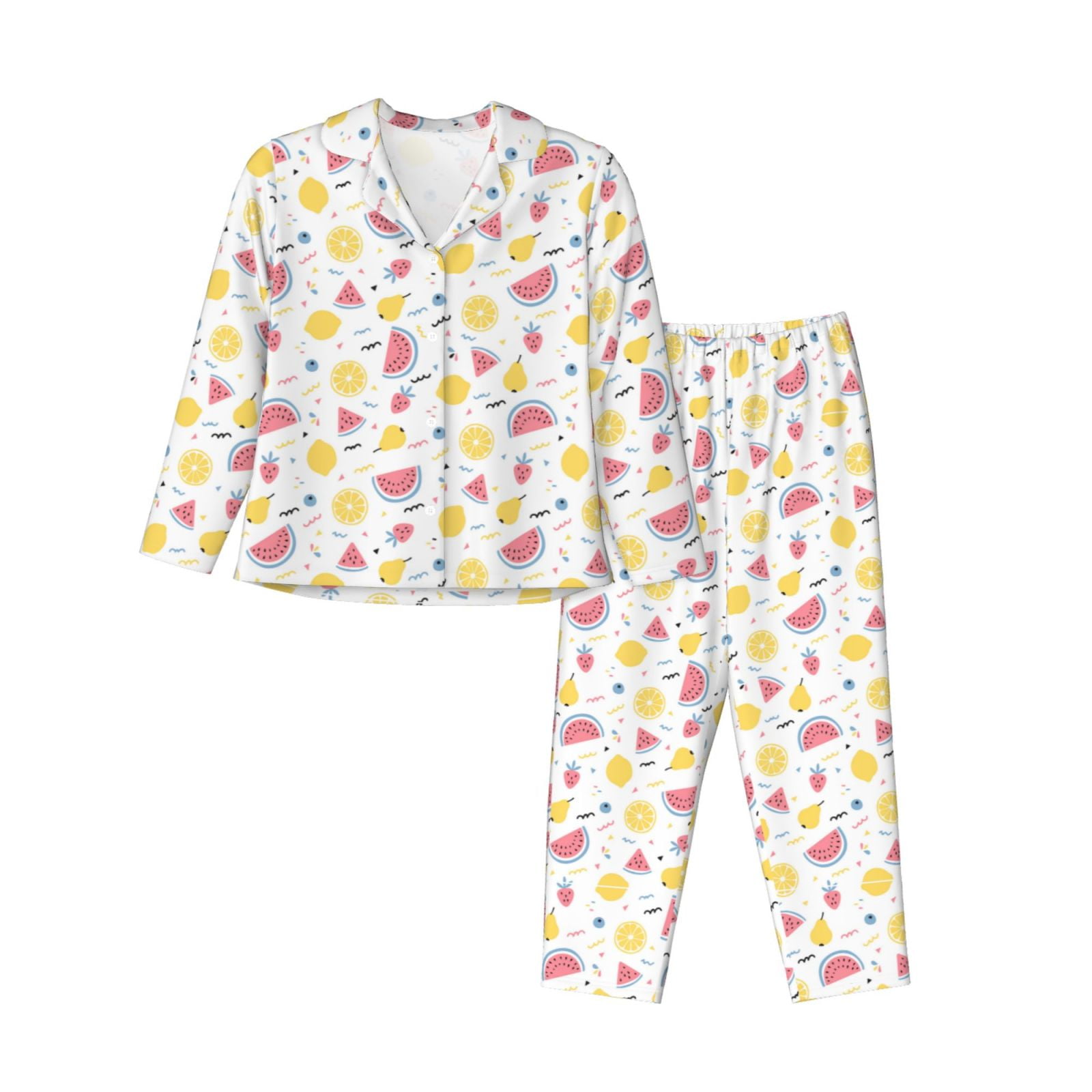 Tideii Tropical Fruit for Women's Long Sleeve Pajama Set, Loungewear Button-down Top Elastic ...