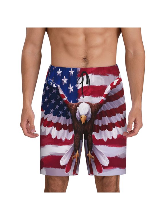 USA Eagle with Spread Wings Print Men's Short Pajama Pants, Elastic Pocket Summer Pajama Pants Sleepwear, Lounge Pants-Large