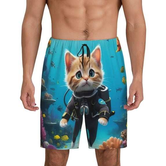 Tideii Underwater Diving Cat Print Men's Short Pajama Pants, Elastic Pocket Summer Pajama Pants Sleepwear, Lounge Pants-3X-Large