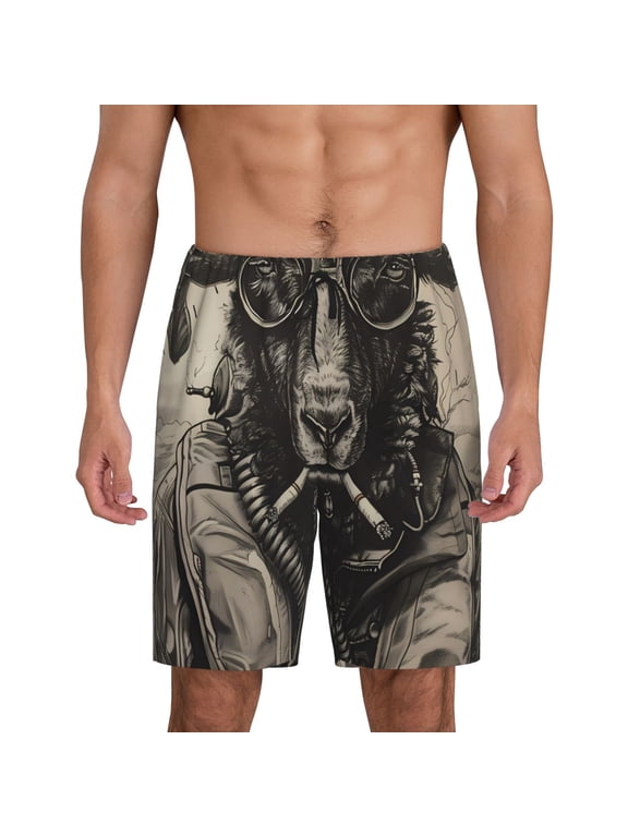 Vintage Ram Pilot Print Men's Short Pajama Pants, Elastic Pocket Summer Pajama Pants Sleepwear, Lounge Pants-Medium