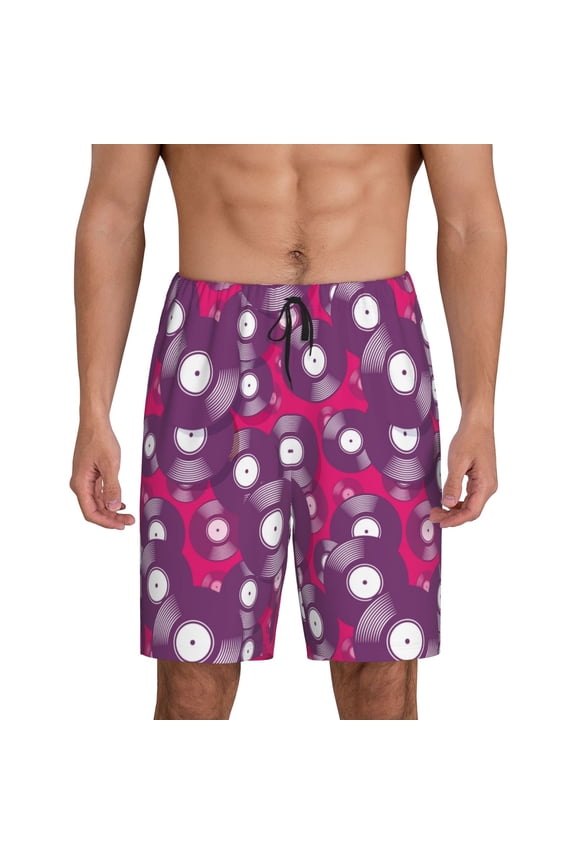 Vintage Vinyl Record Print Men's Short Pajama Pants, Elastic Pocket Summer Pajama Pants Sleepwear, Lounge Pants-Medium