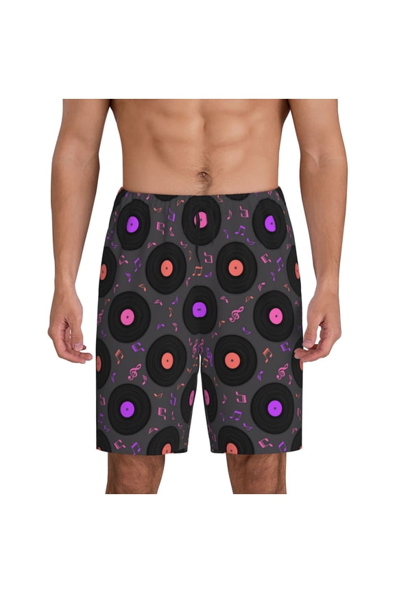 Vinyl Records Musical Notes Print Men's Short Pajama Pants, Elastic Pocket Summer Pajama Pants Sleepwear, Lounge Pants-Medium