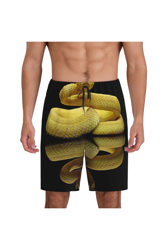 Yellow White-Lipped Pit Viper Print Men's Short Pajama Pants, Elastic Pocket Summer Pajama Pants Sleepwear, Lounge Pants-Large