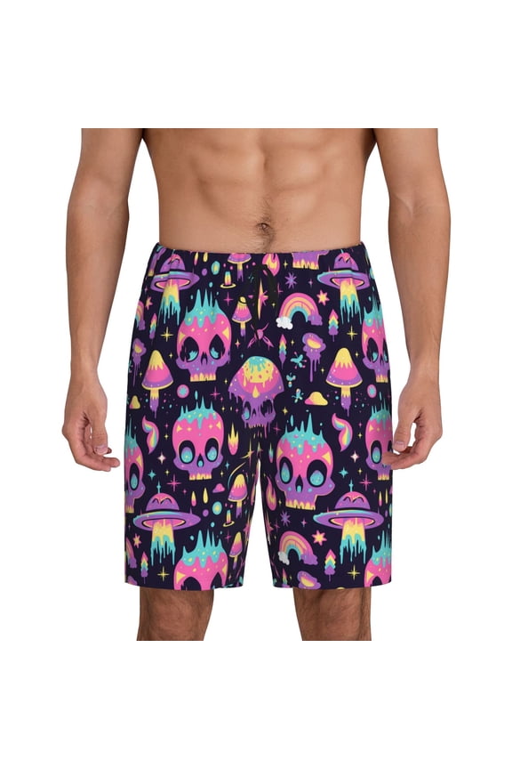 cartoon Skull rainbow space Print Men's Short Pajama Pants, Elastic Pocket Summer Pajama Pants Sleepwear, Lounge Pants-XX-Large