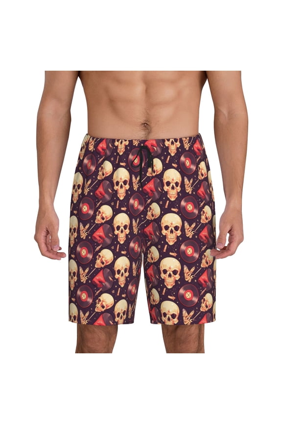 cool rock Skull record Print Men's Short Pajama Pants, Elastic Pocket Summer Pajama Pants Sleepwear, Lounge Pants-3X-Large