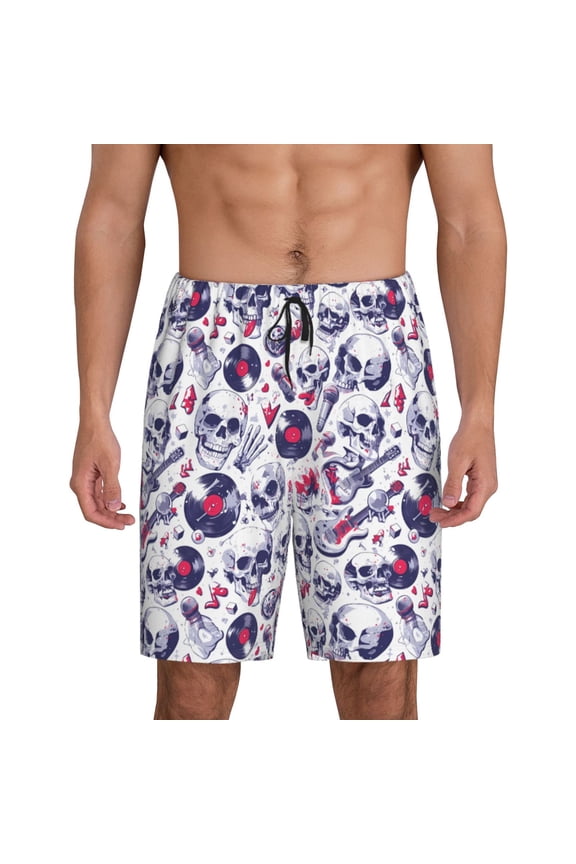 music Skull record mike Print Men's Short Pajama Pants, Elastic Pocket Summer Pajama Pants Sleepwear, Lounge Pants-Medium