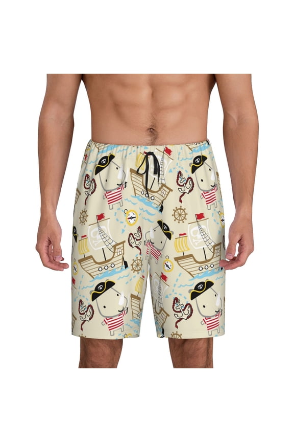pirate with sailing Print Men's Short Pajama Pants, Elastic Pocket Summer Pajama Pants Sleepwear, Lounge Pants-Medium