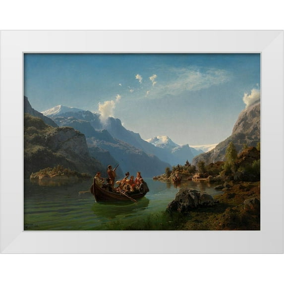 Tidemand, Adolph 32x25 White Modern Wood Framed Museum Art Print Titled - Bridal Procession on the Hardangerfjord