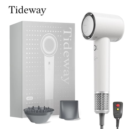 Tideway H11 Hair Dryer with Diffuser, High-Speed 110,000 RPM Brushless Motor, Plasma Tech, Smart Temp Control, Lightweight, White