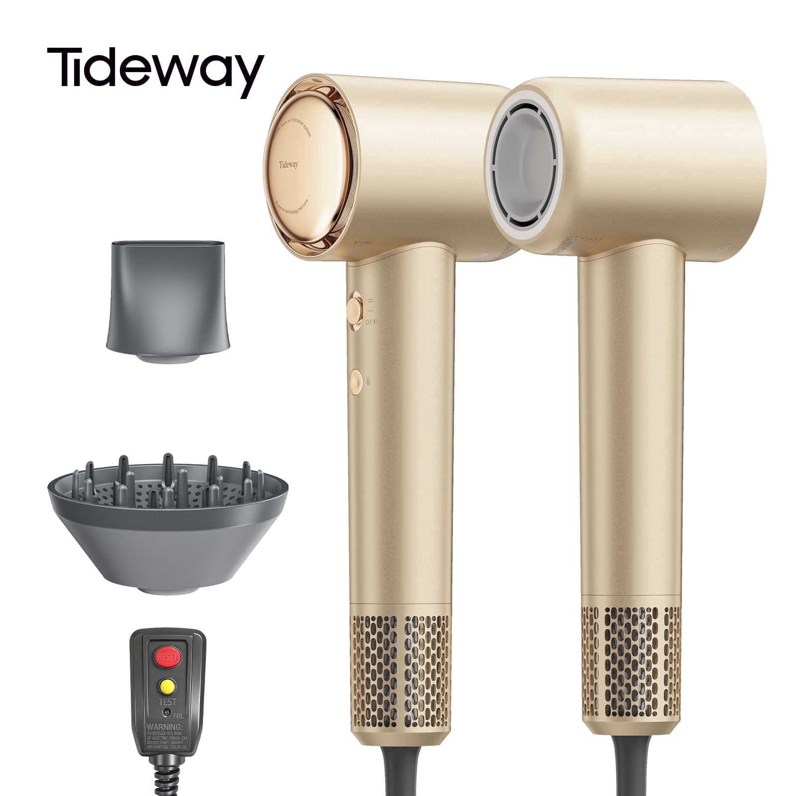 Tideway H11 Hair Dryer with Diffuser, High-Speed 110,000 RPM Brushless Motor, Plasma Tech, Smart Temp Control, Lightweight, Gold