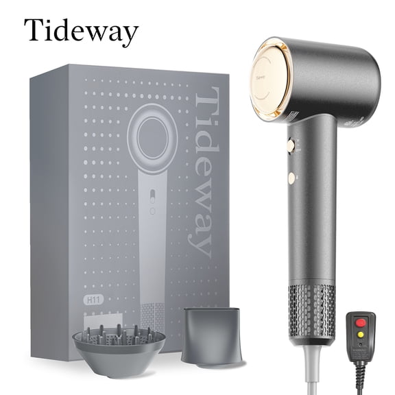 Tideway H11 Hair Dryer with Diffuser, High-Speed 110,000 RPM Brushless Motor, Plasma Tech, Smart Temp Control, Lightweight, Black