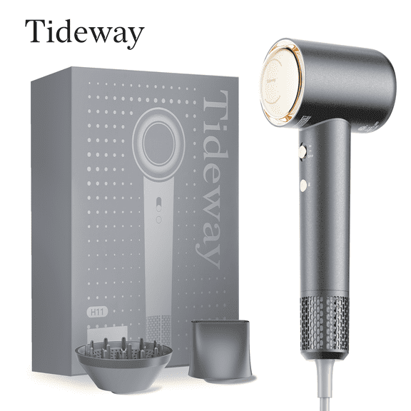 Tideway H11 Hair Dryer with Diffuser, High-Speed 110,000 RPM Brushless Motor, Plasma Tech, Smart Temp Control, Lightweight, Black