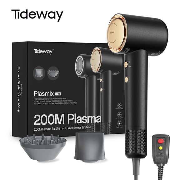 Tideway H11 Hair Dryer with Diffuser, High-Speed 110,000 RPM Brushless Motor, Plasma Tech, Smart Temp Control, Lightweight, Black