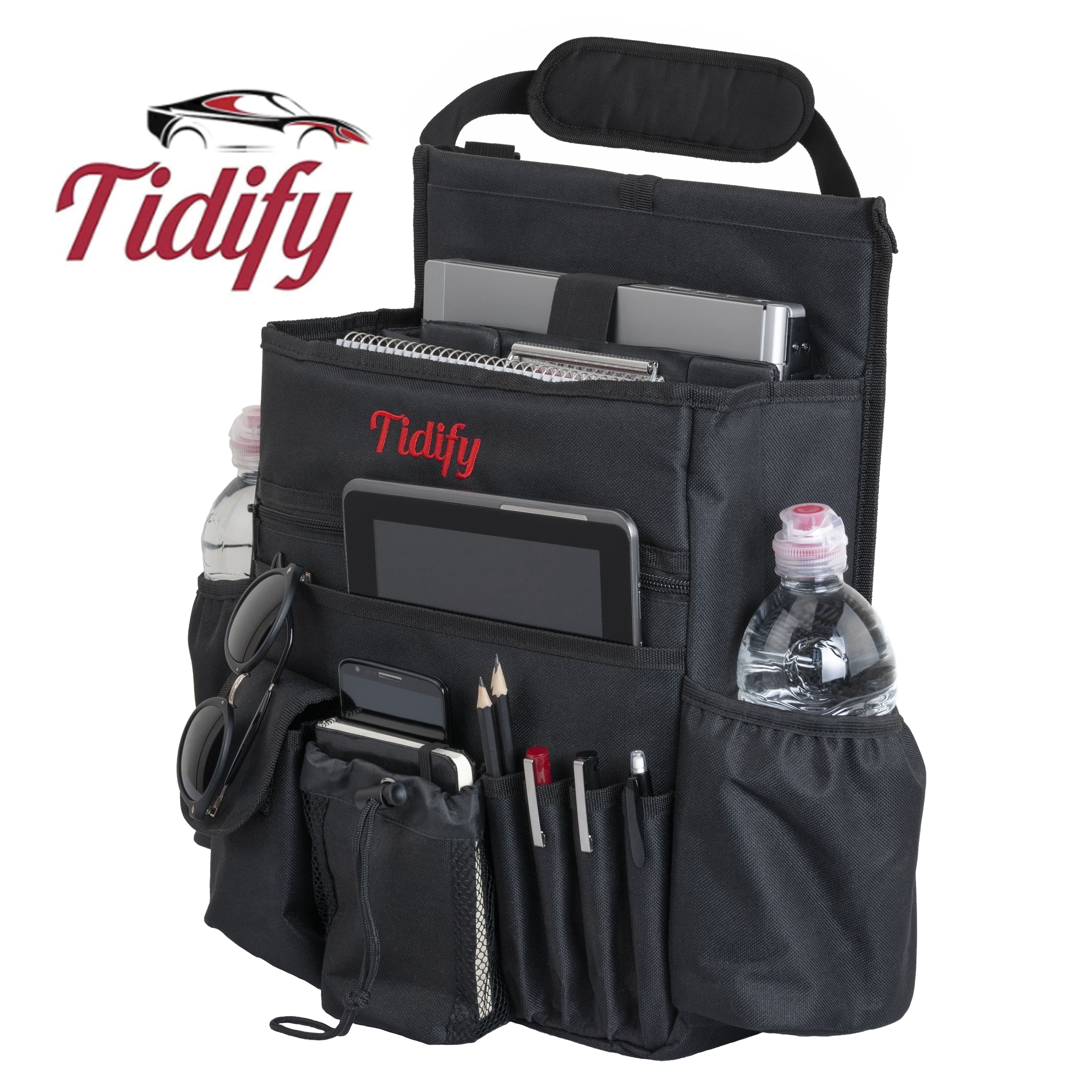 Tidify Car Seat Organizer with Velcro Sleeve, Stabilizing Straps, Front seat Storage Pockets for Laptop and Bottle Holders