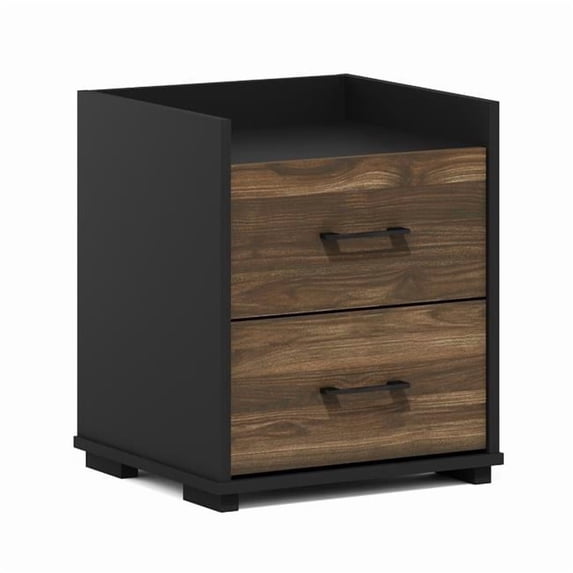 Tidur Modern Bedroom Bedside Tables Handle 2-Drawer Chest Nightstand, Columbia Walnut & Black