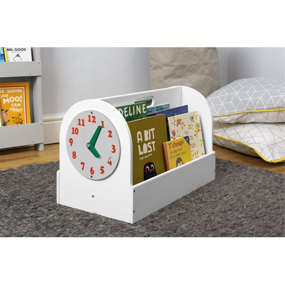 Tidy Books® Kids Book Storage Box (Age 3-10) Small Portable Book Case, Removable Play Clock, Kids Caddy Book Display, White, 13.8 x 21.7 x 12.2 in, Eco Friendly, Handmade, The Original since 2004