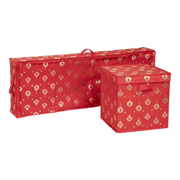 Tidy & Co. Holiday Storage Ornament Box and Multi Purpose Storage Box (Red with Gold Ornaments)