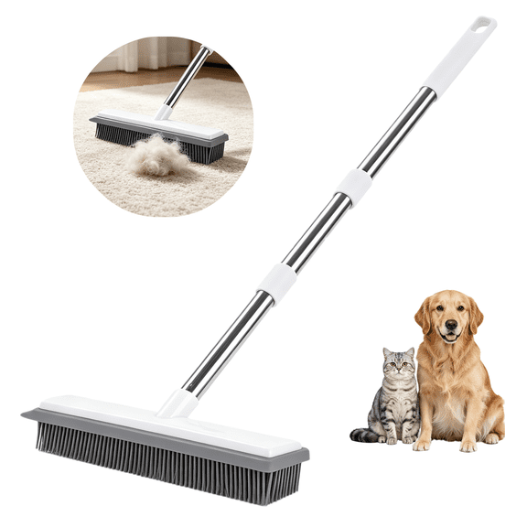 Tidy Monster Pet Hair Removal Rubber Broom with Built in Squeegee 51 inch handle for Hardwood Floor Tile Carpet Pet Hair Removal Cleaning Tools White
