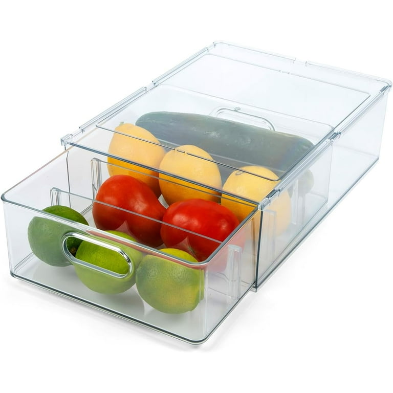 Tidy Tools Clear Plastic Refrigerator Organizer Bins With Pull Out Drawer and Dividers Stackable Plastic Bins For Pantry Organization and Food
