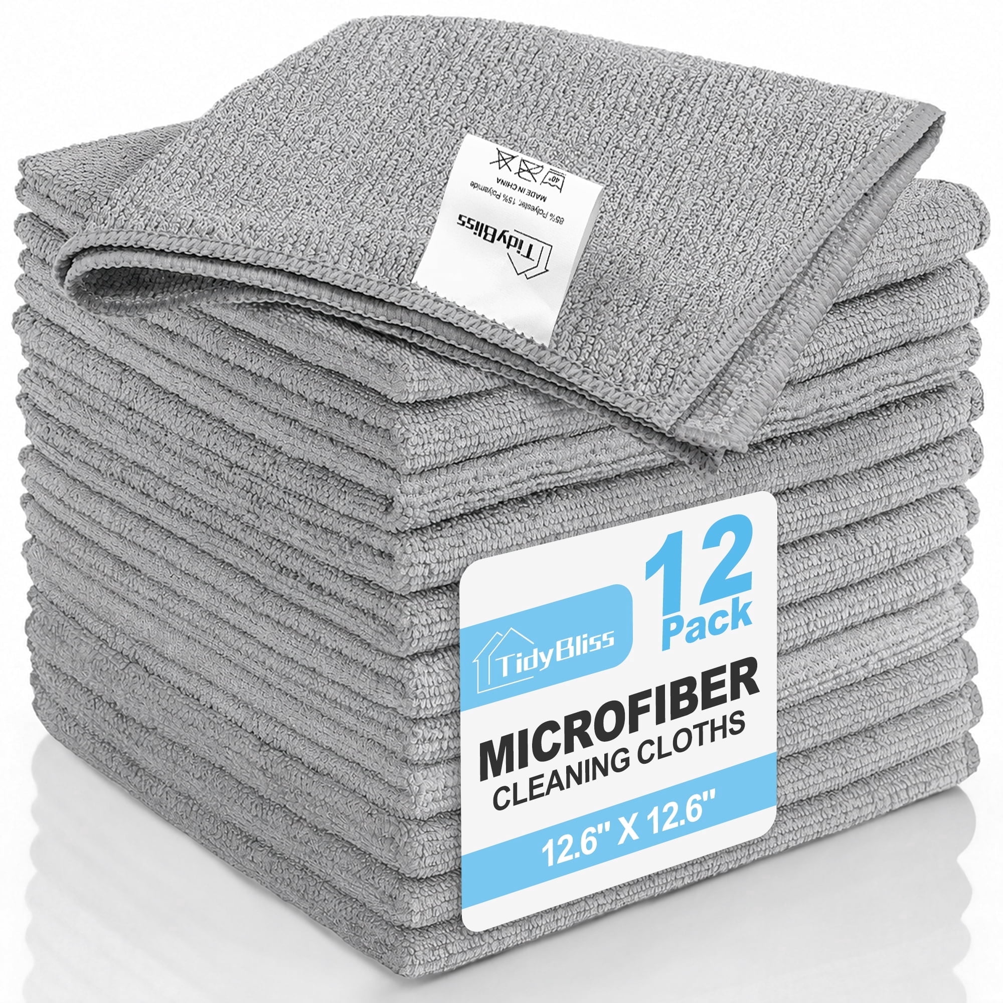 TidyBliss Microfiber Cleaning Cloths 12 Pack, Size: 12.6 x 12.6, Ultra Absorbent Lint-Free Towels (Grey)