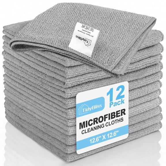 TidyBliss Microfiber Cleaning Cloths 12 Pack, Ultra Absorbent Lint-Free Towels (Grey)