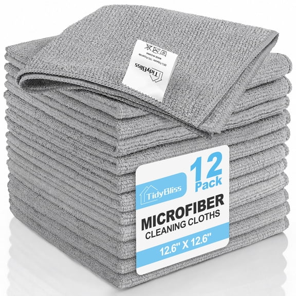 TidyBliss Microfiber Cleaning Cloths 12 Pack, Ultra Absorbent Lint-Free Towels (Grey)