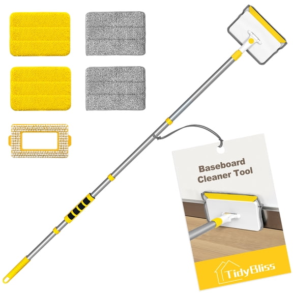 TidyBliss Baseboard Cleaner Tool, Wall Mop with 55.9" Long Handle (Yellow)