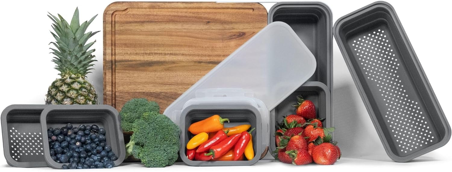 TidyBoard Meal Prep System Acacia Cutting Board The Quick & Easy Meal Prep Solution, Grey