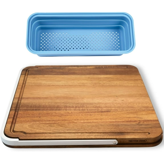 TidyBoard V2 Meal Prep System - Build Your Own Meal Prep Station - Choose from Acacia Wood Cutting Board, Containers and Strainers - The Quick & Easy Meal Prep Solution (TidyBoard & Blue Strainer)