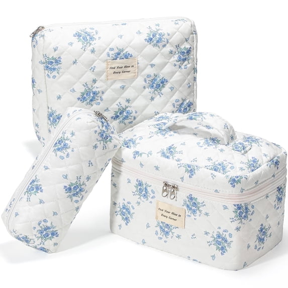 LazySpin Makeup Bag Set, 3-Piece Cotton Cosmetic Toiletry Bag for Travel, Cosmetic Pouch for Organize, Blue Flower