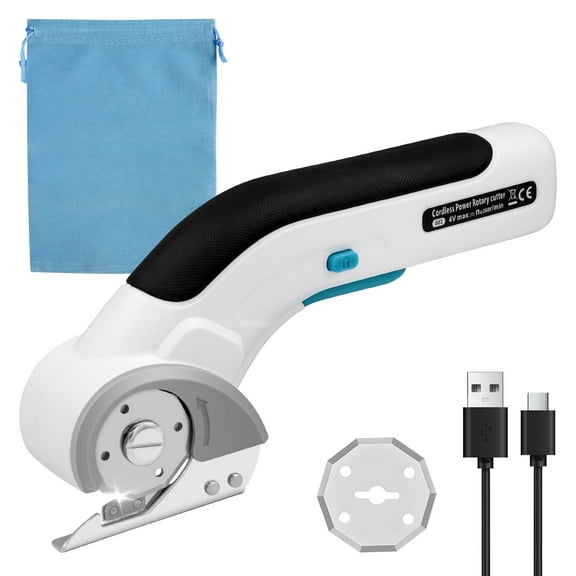 Tidymend Cordless Electric Scissors, 4V Rechargeable Cardboard Cutter with Tungsten Steel Replacement Blade, Rotary Cutter with Safety Lock for Fabric Carpet Leather Plastic Cutting (White)