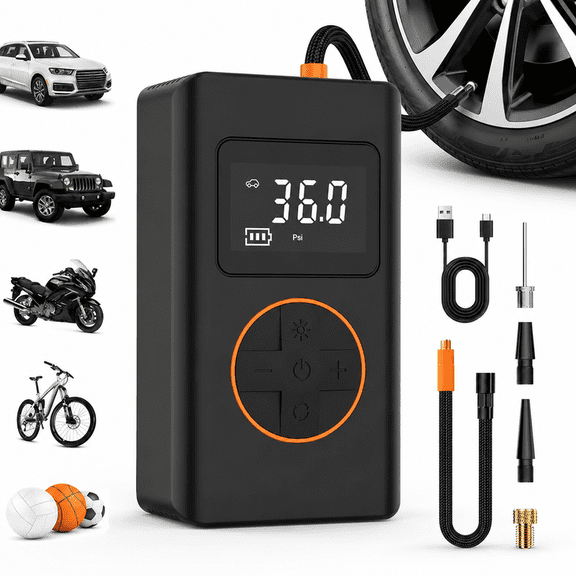 Tire Inflator Portable Air Compressor, Cordless Mini Bike Pump with Digital Display, 150 PSI Car Tire Air Pump with LED Light and Pressure Gauge for Auto, Motorcycles, Bikes, Balls