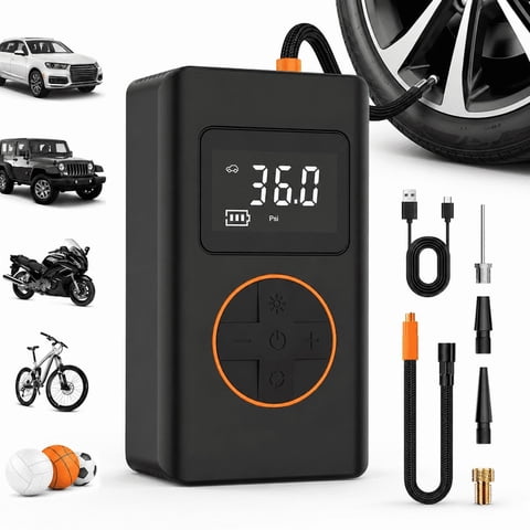 Tire Inflator Portable Air Compressor, Cordless Mini Bike Pump with Digital Display, 150 PSI Car Tire Air Pump with LED Light and Pressure Gauge for Auto, Motorcycles, Bikes, Balls