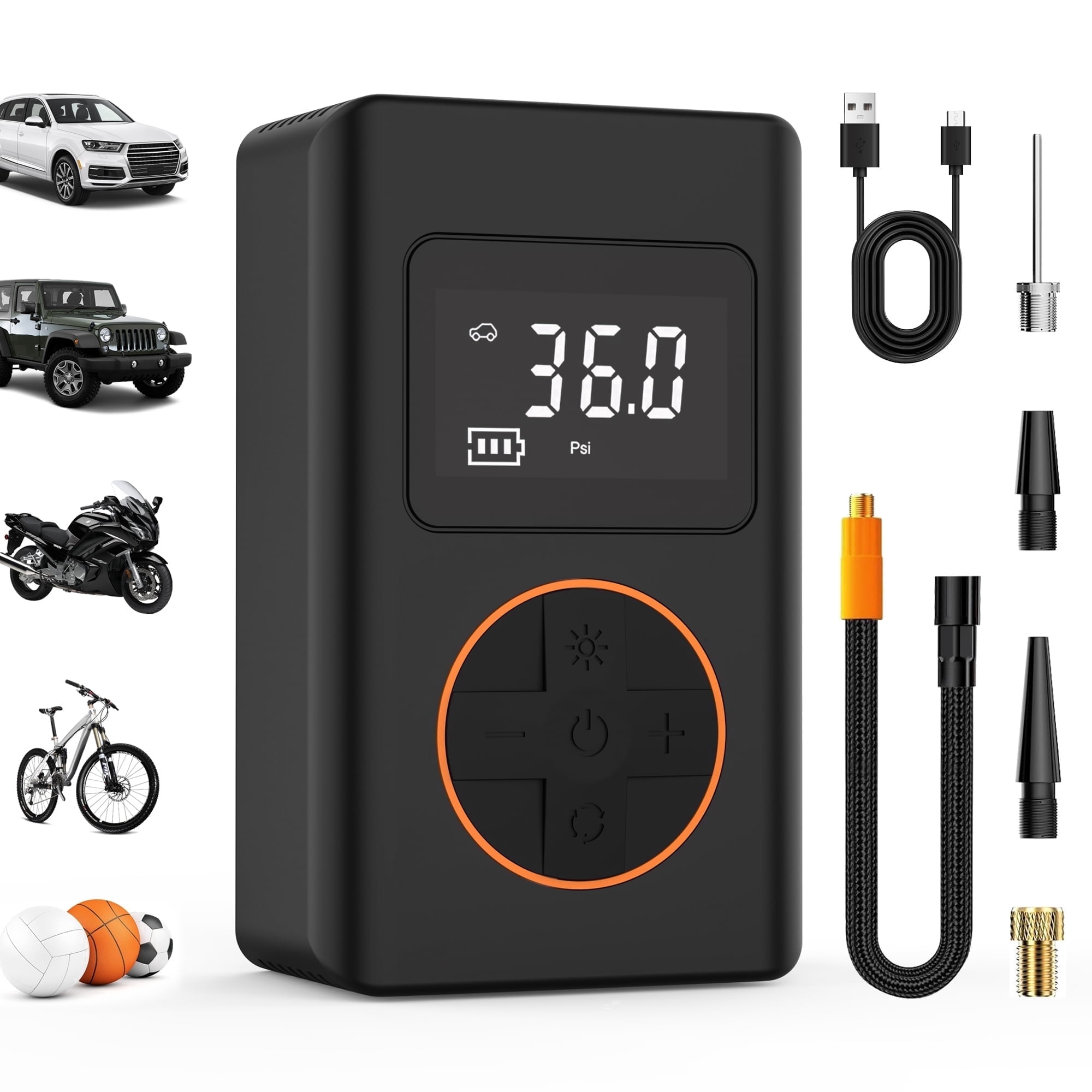 Tire Inflator Portable Air Compressor, Cordless Mini Bike Pump with Digital Display, 150 PSI Car Tire Air Pump with LED Light and Pressure Gauge for Auto, Motorcycles, Bikes, Balls