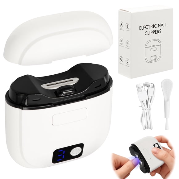 Electric Nail Clipper with Clippings Catcher - 3-Speed Automatic Trimmer, LED Light, Safe for Adults, Kids & Seniors (White)